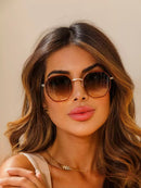 Óculos de Sol Retangular-Marrom degrade preto/ dourado - Metal