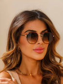 Óculos de Sol Retangular-Marrom degrade preto/ dourado - Metal