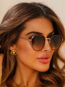 Óculos de Sol Retangular-Marrom degrade preto/ dourado - Metal