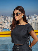 Óculos de Sol Oval Fluense - Preto Prata/ Metal