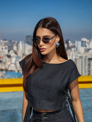 Óculos de Sol Oval Fluense - Preto Prata/ Metal